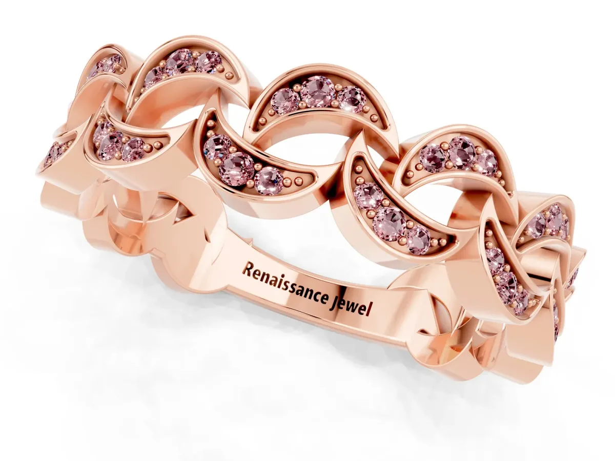 Pavé Round Morganite Interlocking Eternity Band with Bezel Prong Setting Rose gold