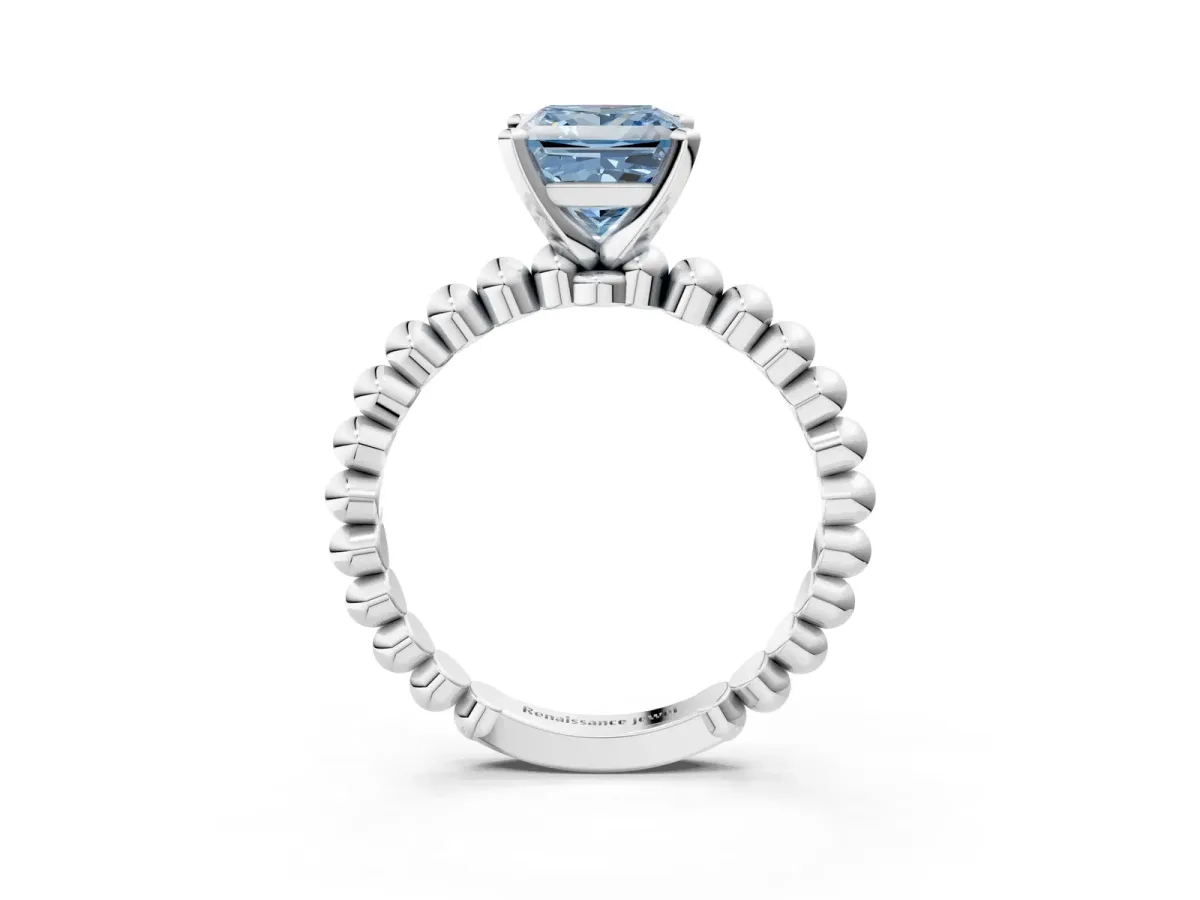 Fancy Blue Princess Cut Diamond Solitaire Ring with Beaded Band and Prong Setting Silver