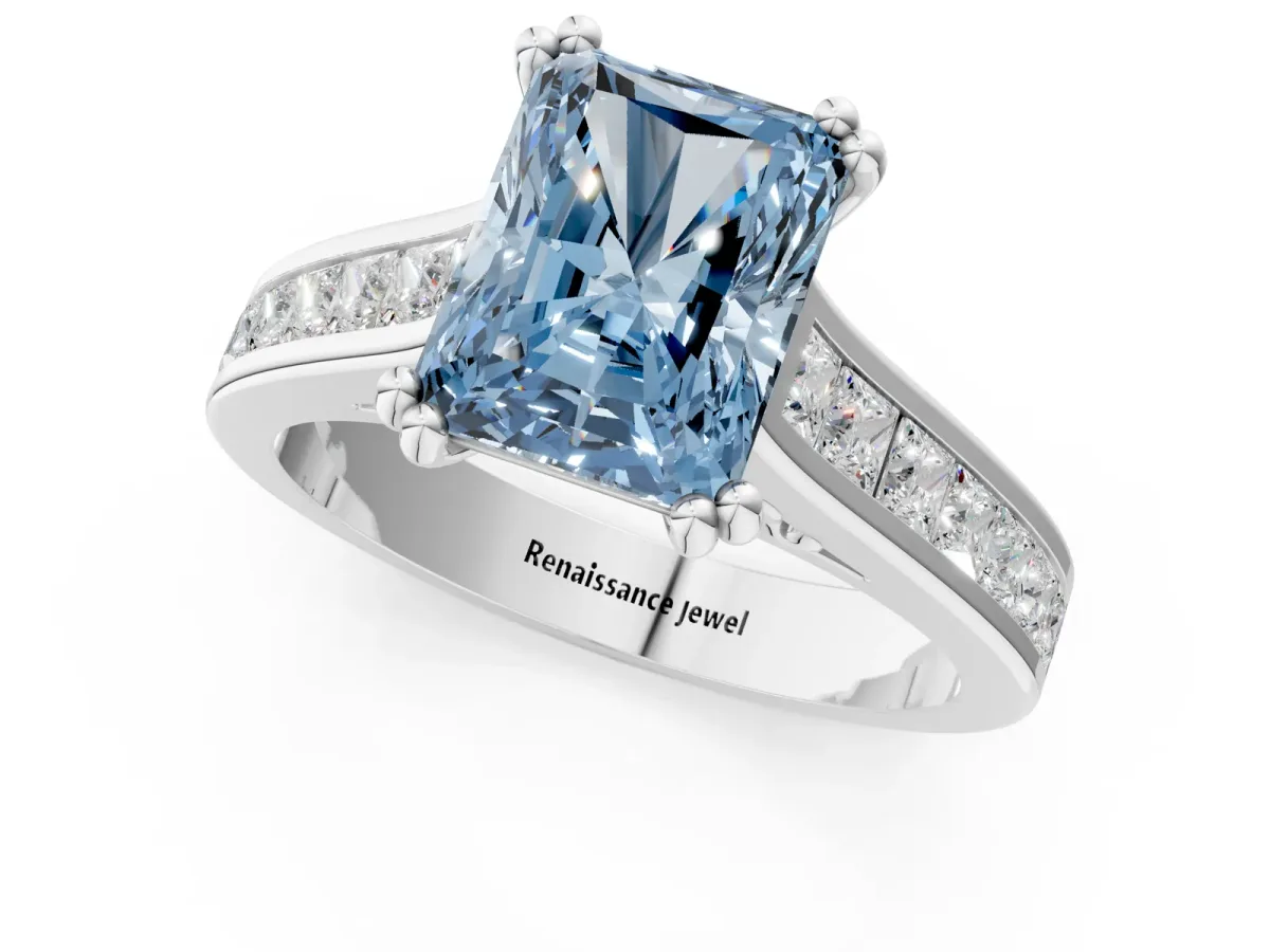 Fancy Blue Radiant Cut Cut Channel Set Solitaire Engagement Ring with Prong Setting Platinum