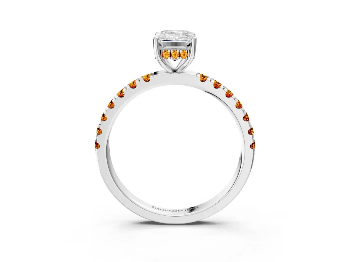 Emerald Cut Diamond Pave Band Solitaire Ring with Round Citrine and Prong Setting Platinum