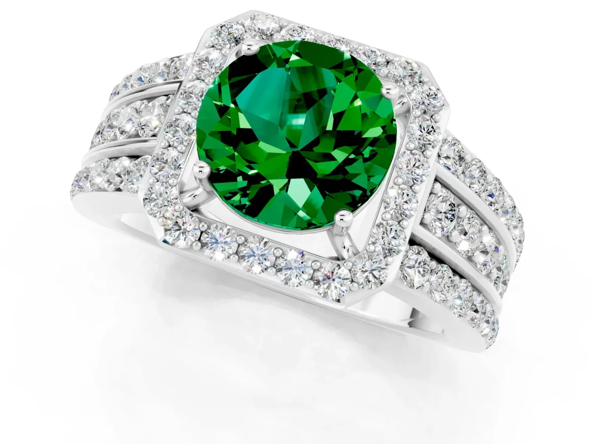 Round Cut Halo Emerald Ring with Round Split Shank and Prong Setting Silver