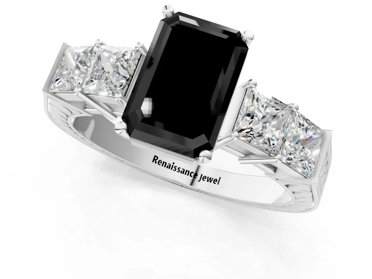 Fancy Black Emerald Cut Solitaire Princess Side Stone Engraved Band Prong Setting Ring Silver