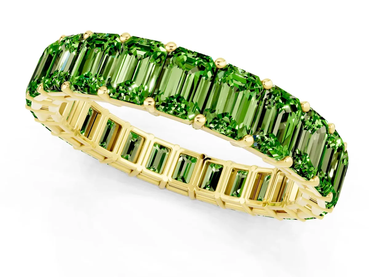 Emerald Cut Peridot Eternity Band with Shared Prong Setting Yellow gold