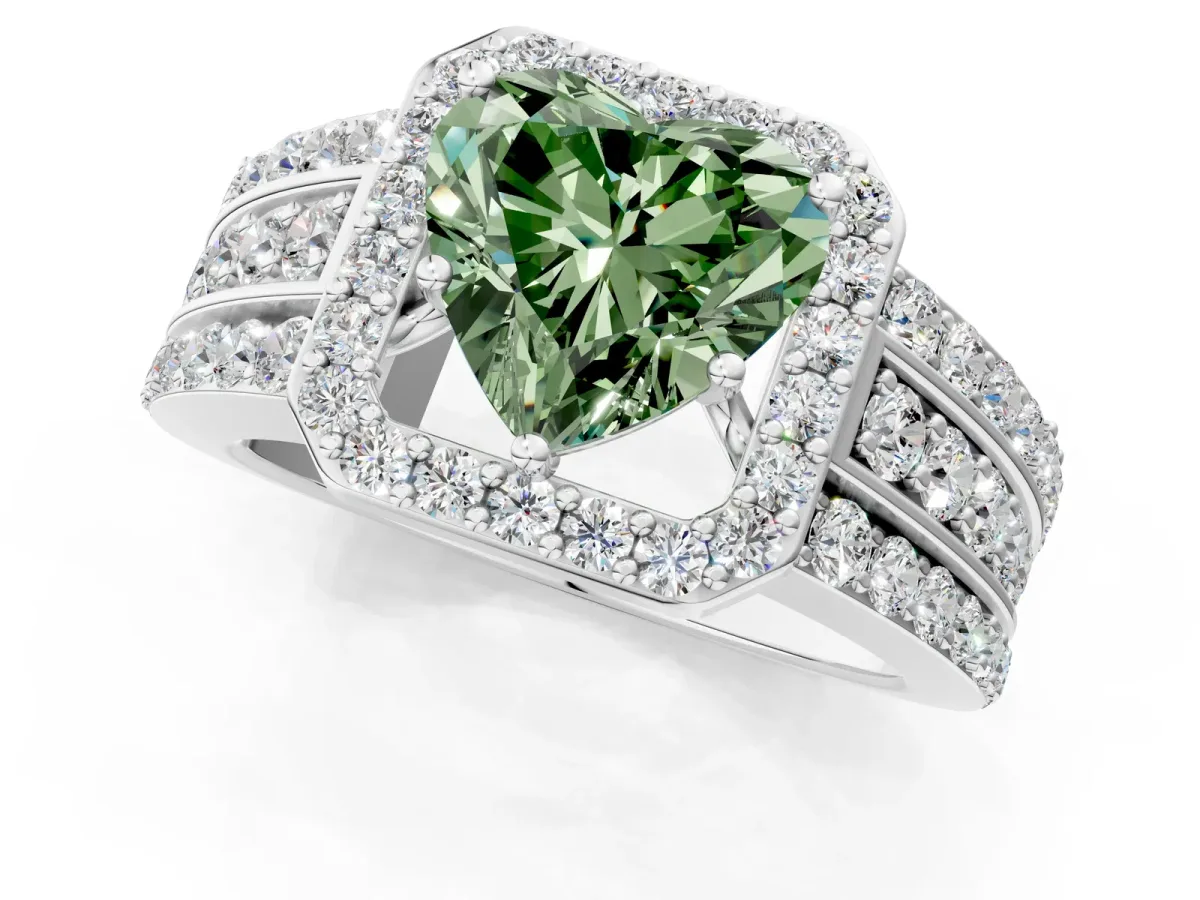 Fancy Green Heart Cut Halo Diamond Ring with Round Split Shank and Prong Setting Silver