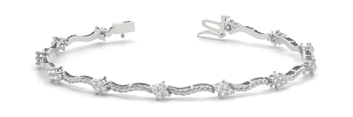 Round Cluster Diamond Twist Link Bracelet with Four-Prong Setting White gold