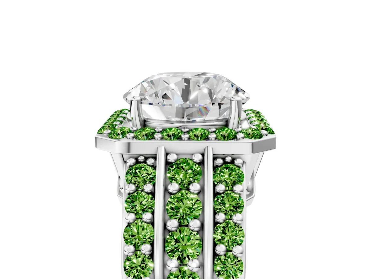 Round Cut Halo Diamond Ring with Round Peridot Split Shank and Prong Setting White gold