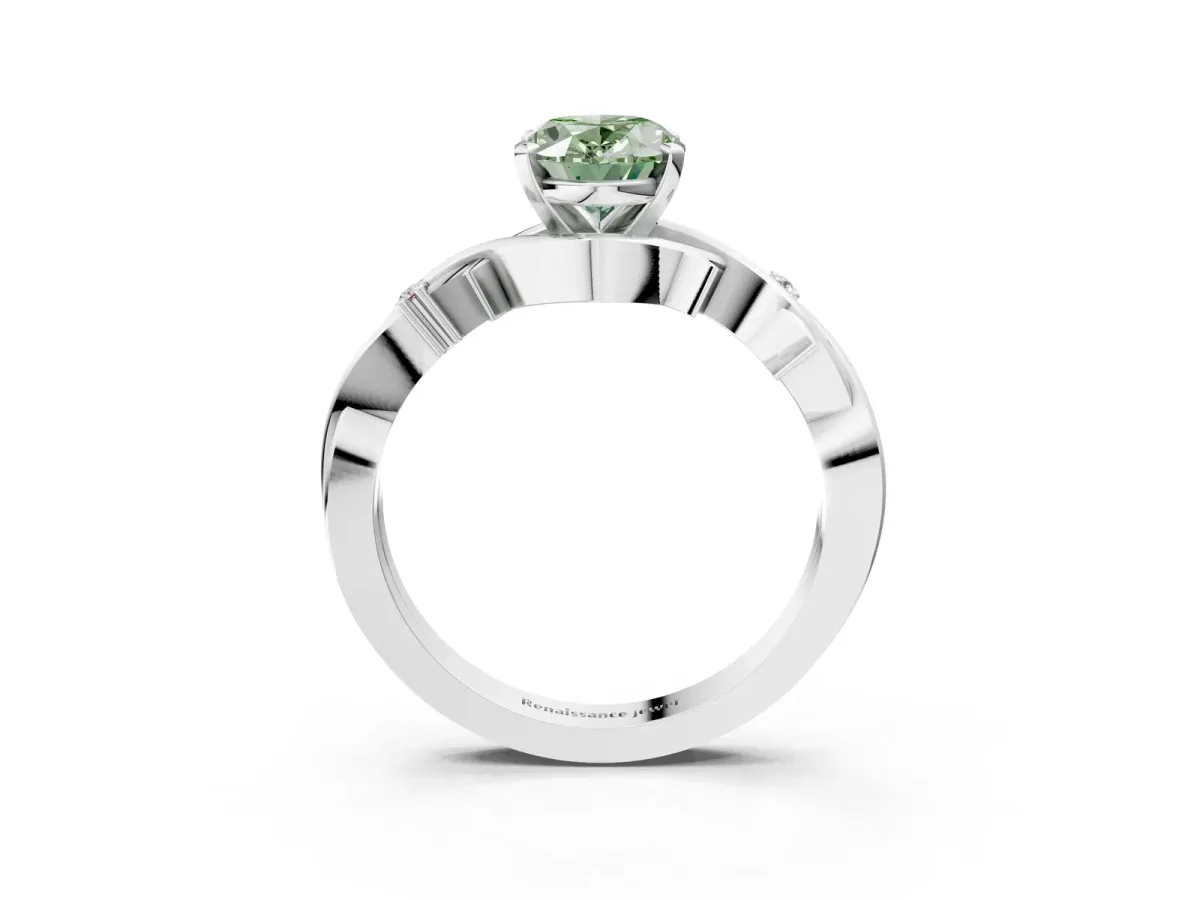 Fancy Green Oval Cut Diamond Solitaire Ring with Twisted Band and Prong Setting Platinum