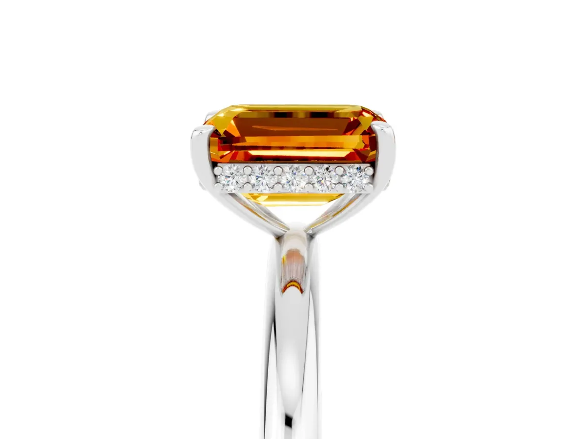 Emerald Cut Citrine Solitaire Ring with Thin Band and Four-Prong Setting White gold