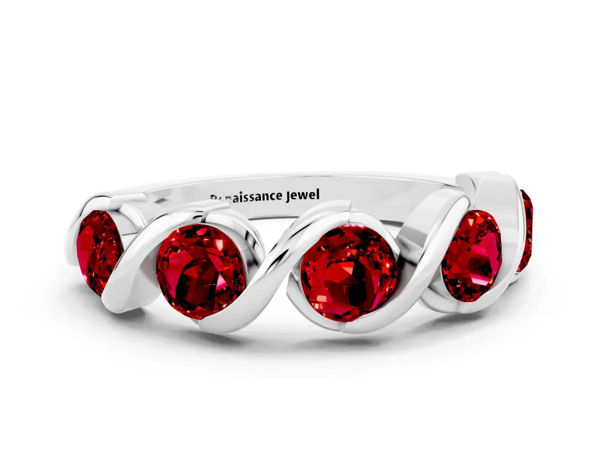 Round Ruby Wave Band with Channel Setting and Shared Prongs Silver