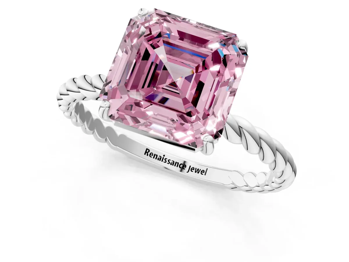 Fancy Pink Asscher Cut Solitaire Twisted Band 4-Prong Ring Platinum