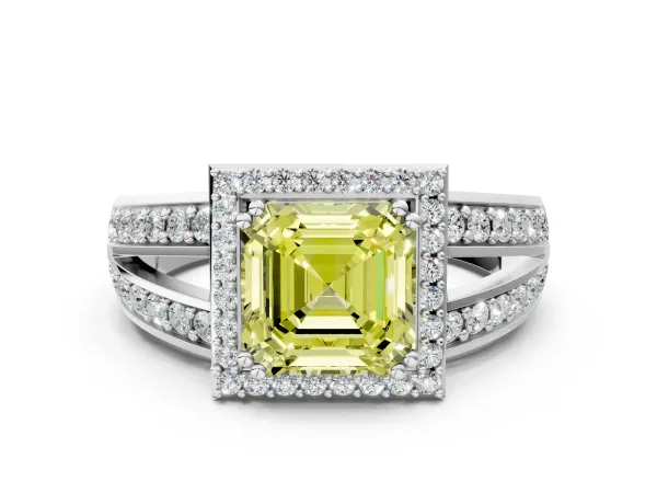 Fancy Yellow Asscher Cut Diamond Halo Ring with Split Shank Pavé Band and Four-Prong Setting Platinum