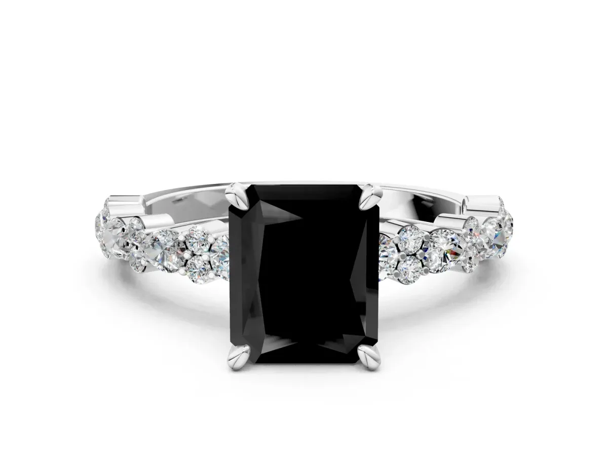 Fancy Black Radiant Cut Diamond Side Stone Solitaire Ring with Round and Four-Prong Setting Silver