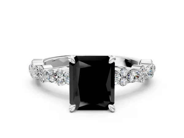 Fancy Black Radiant Cut Diamond Side Stone Solitaire Ring with Round and Four-Prong Setting Platinum