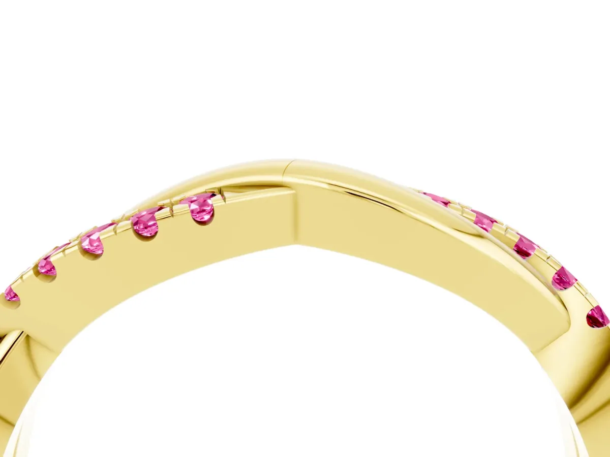 Round Pink Sapphire Twisted Infinity Band with Prong Setting Yellow gold