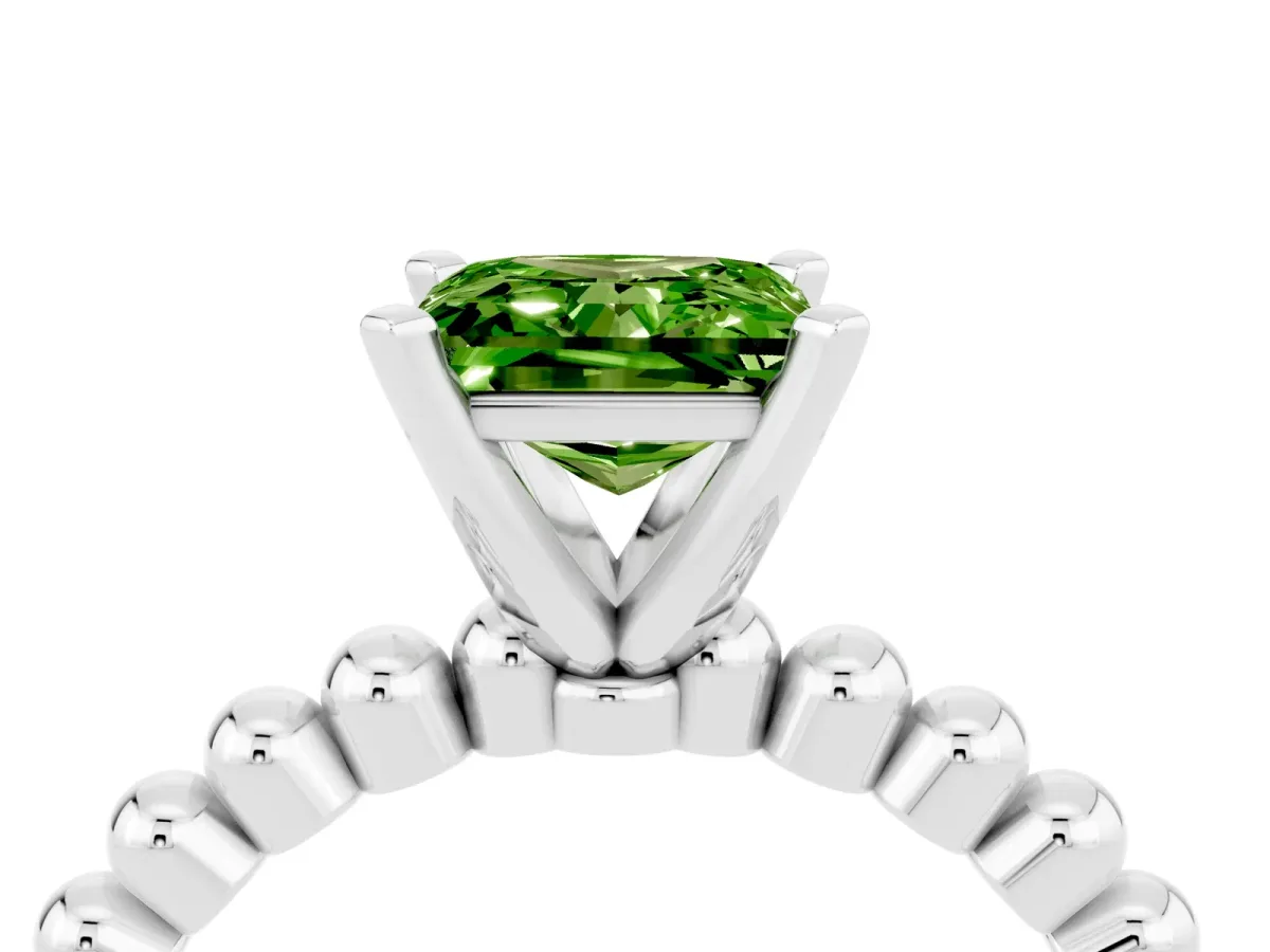Princess Cut Peridot Solitaire Ring with Beaded Band and Prong Setting White gold