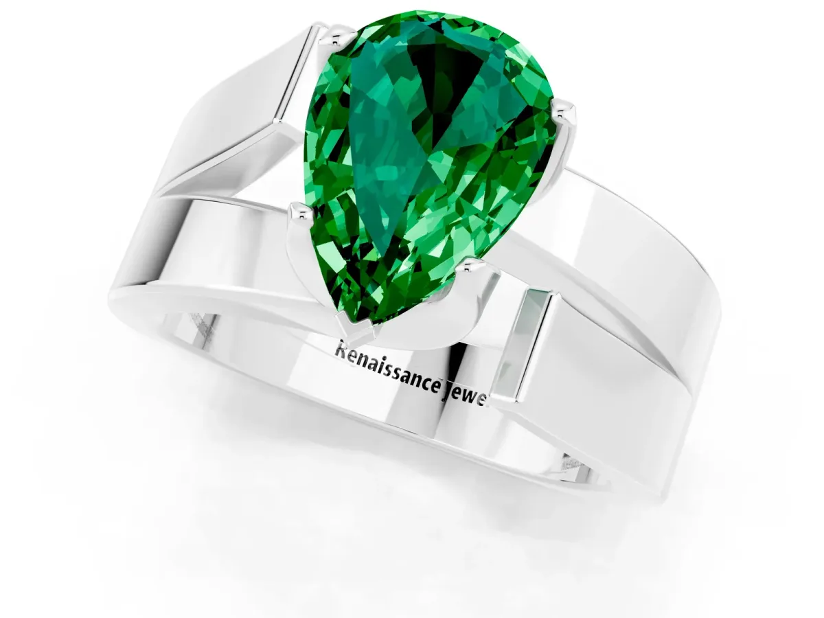 Modern Tension Set Pear Cut Emerald Solitaire Wide Band Ring White gold