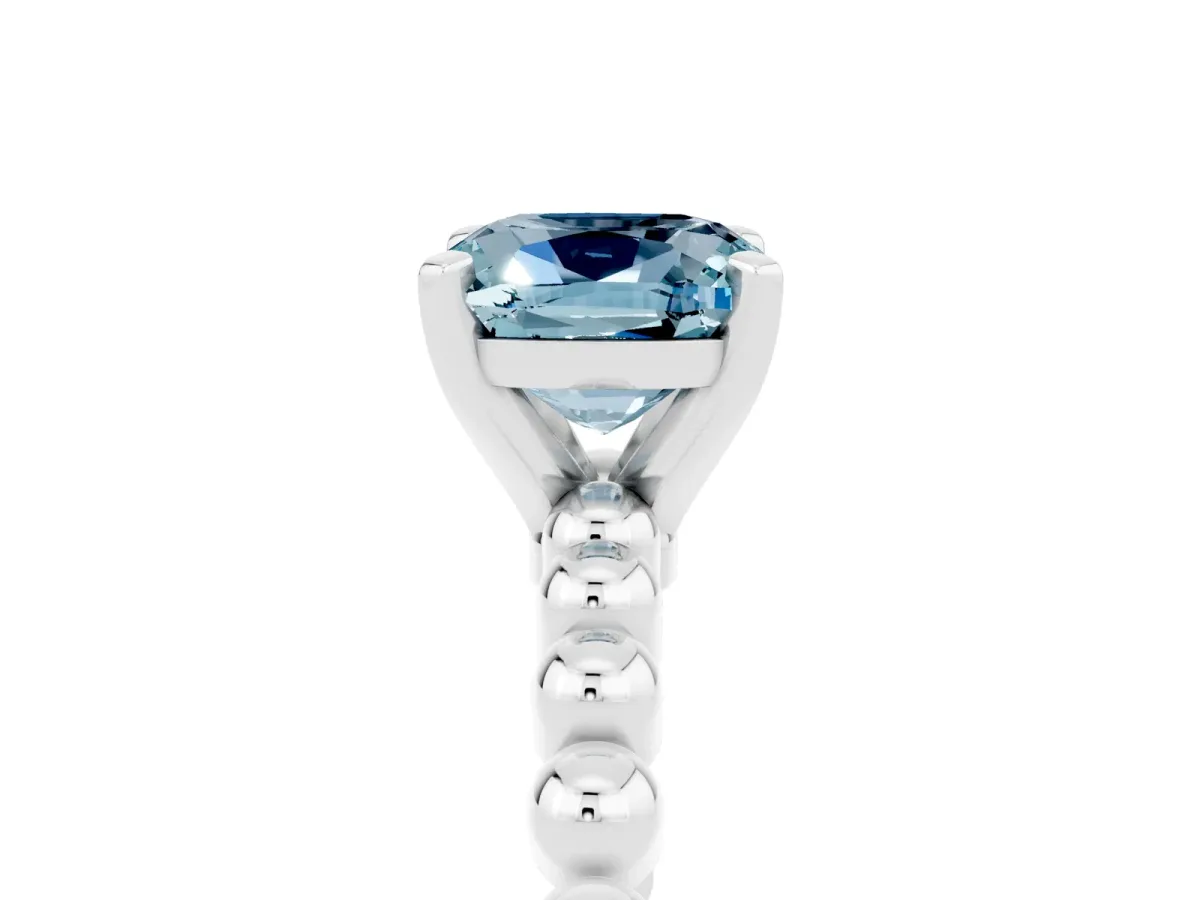 Cushion Cut Aquamarine Solitaire Ring with Beaded Band and Prong Setting Silver