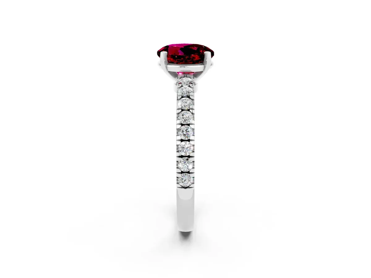 Round Cut Solitaire Garnet with Pavé Band and Four-Prong Setting Platinum