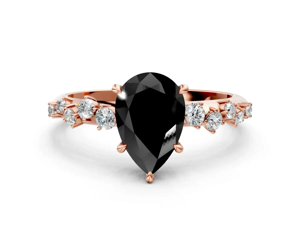 Fancy Black Pear Cut Diamond Cluster Side Stone Solitaire Ring with Prong Setting Rose gold