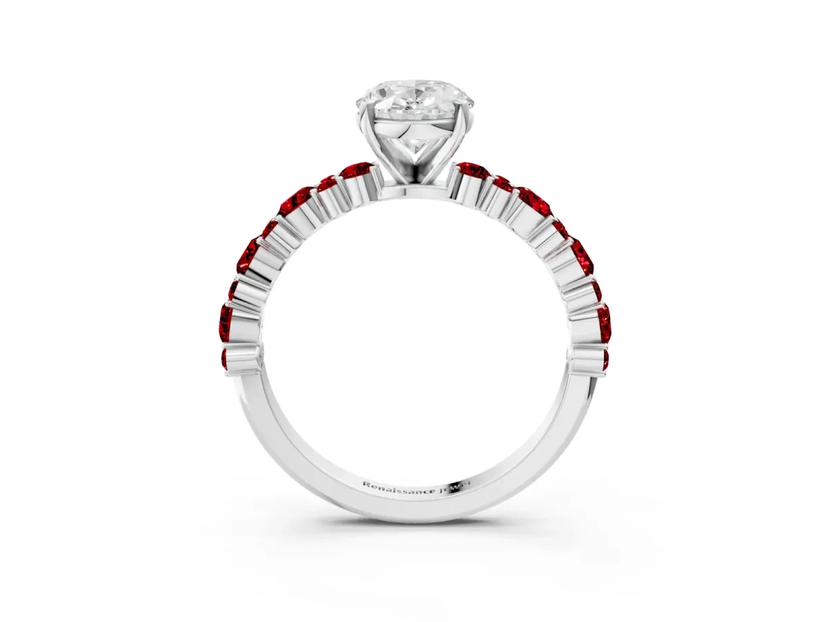 Oval Cut Diamond Side Stone Solitaire Ring with Round Ruby and Four-Prong Setting Silver