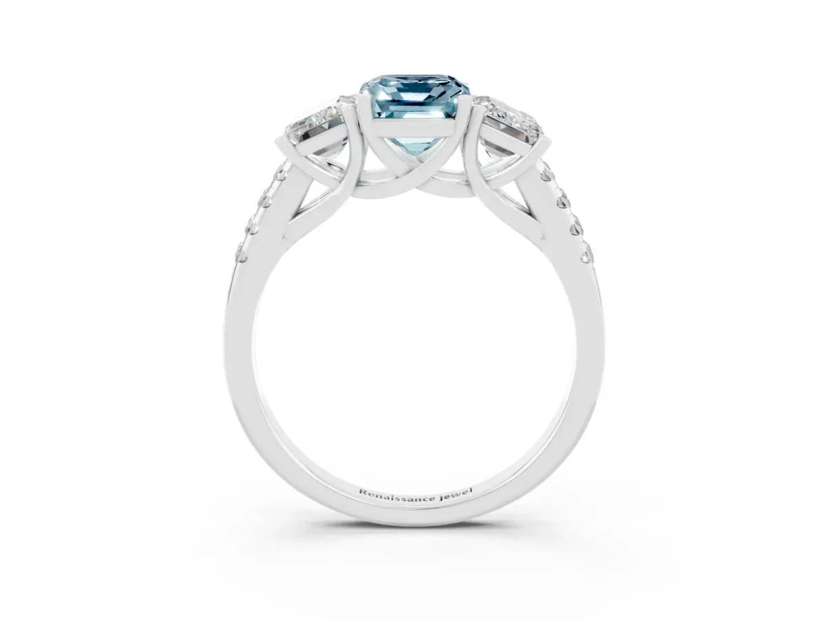 Three-Stone Emerald Cut Aquamarine Ring with Round Pavé Band and Prong Setting Silver