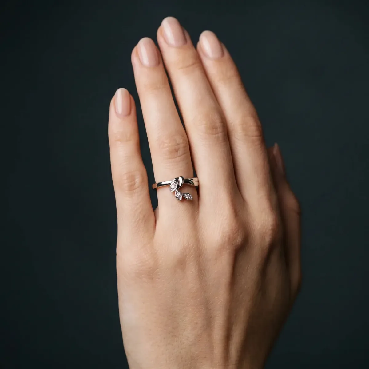 Three-Stone Round Diamond Leaf Bypass Ring with Bezel Setting Silver