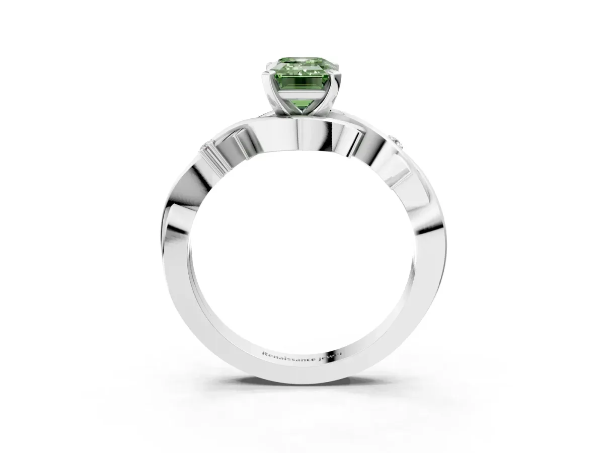 Fancy Green Emerald Cut Diamond Solitaire Ring with Twisted Band and Prong Setting Silver