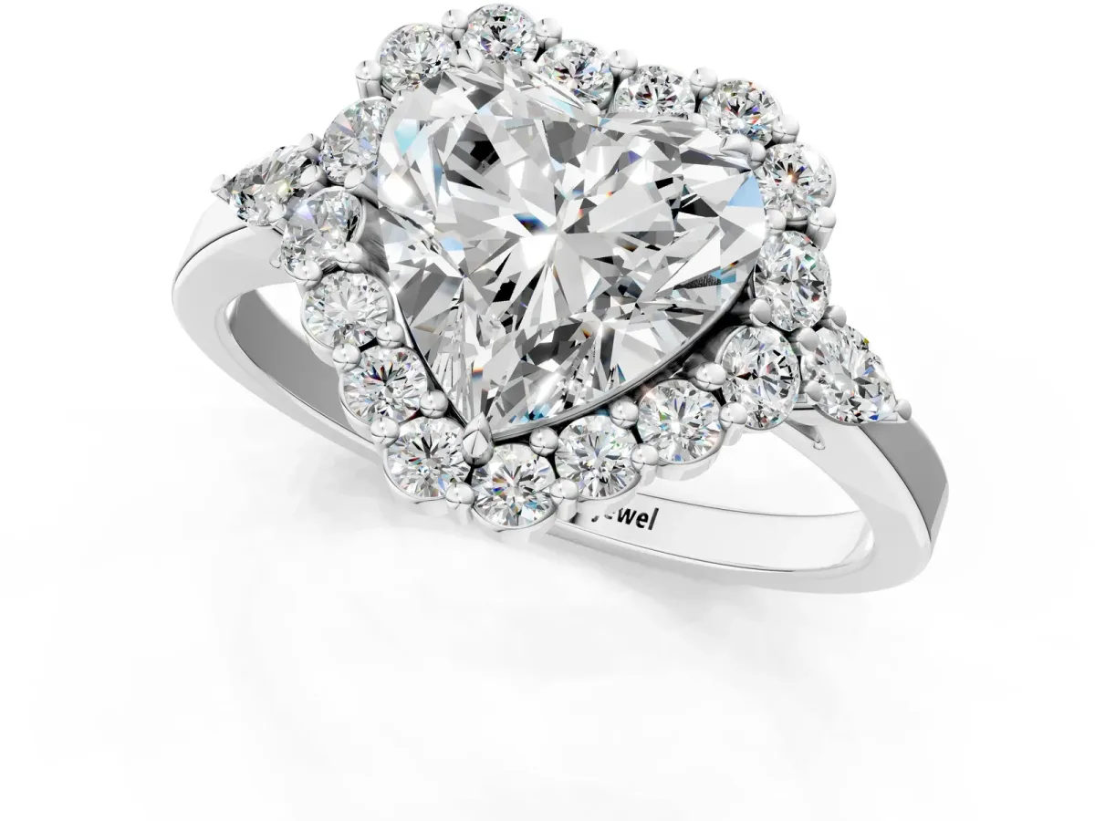 Heart Cut Diamond Halo Ring with Pear Side Stones and Prong Setting Silver