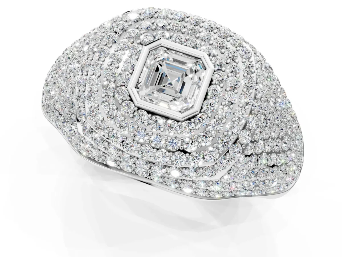 Asscher Cut Diamond Bezel Set Pavé Dome Mens Ring Silver