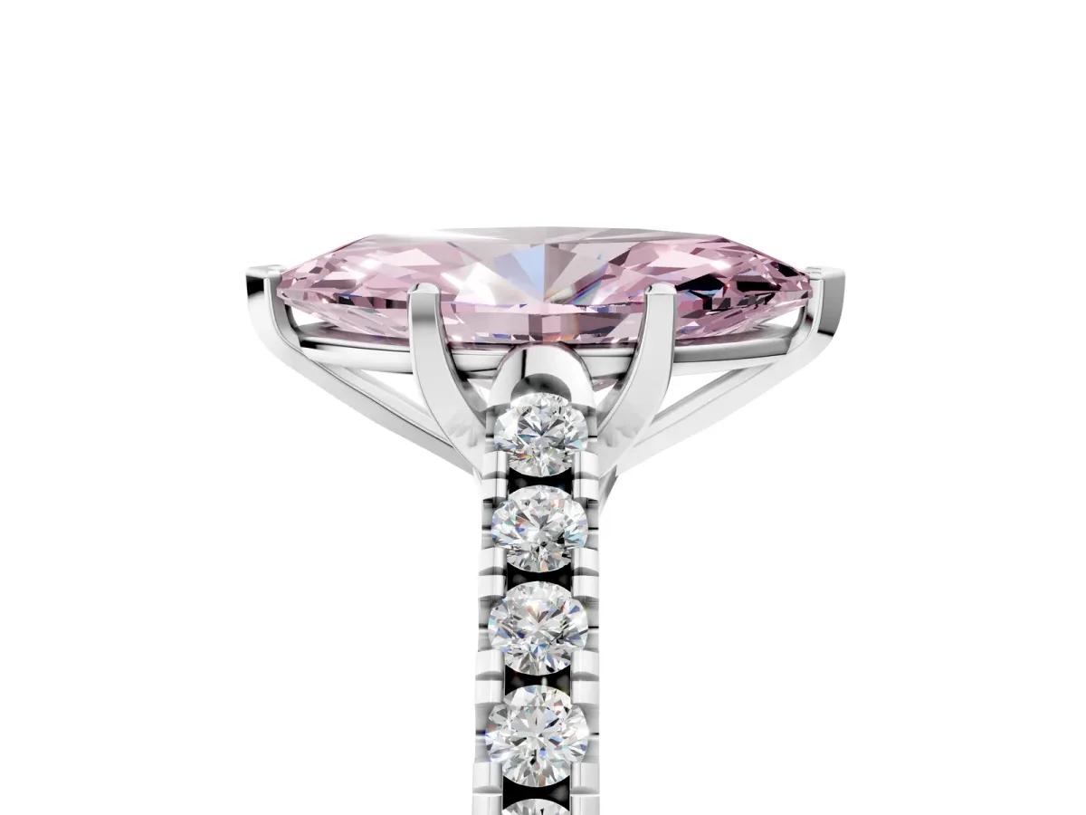 Fancy Pink Marquise Cut Diamond Pavé Band Solitaire Ring with Prong Setting Silver