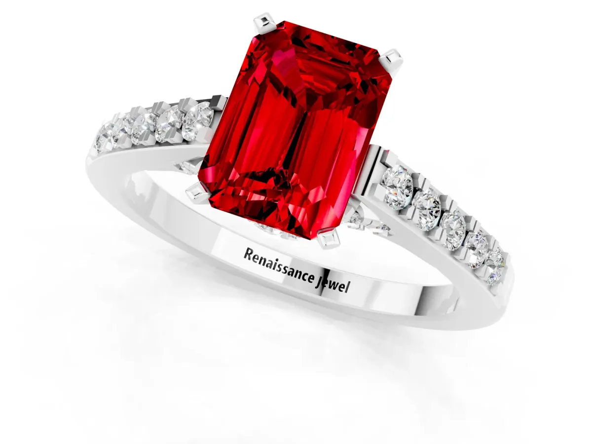 Emerald Cut Ruby Solitaire Ring with Crossover Gallery and Round Pavé Band Silver