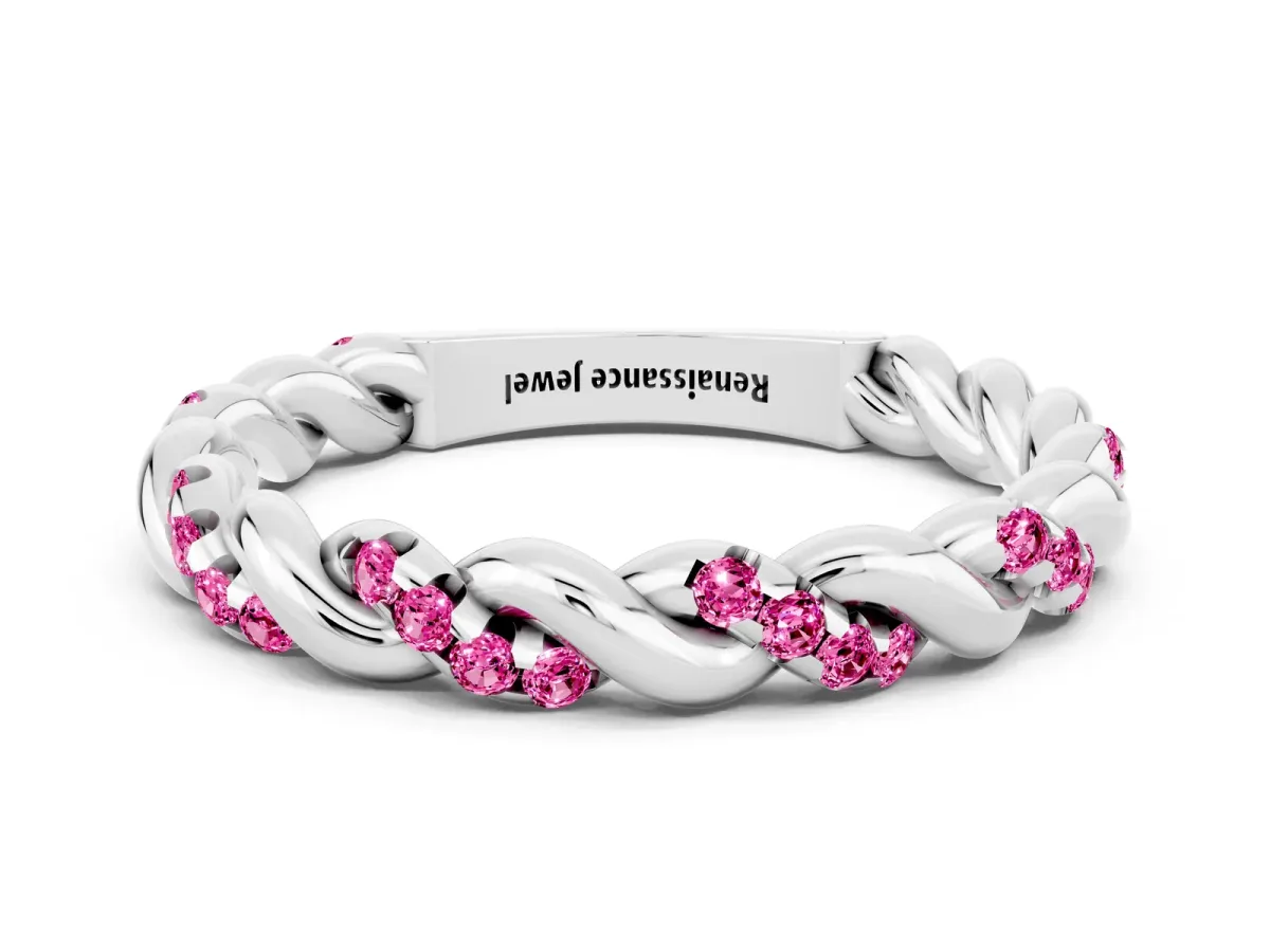 Twisted Pavé Round Pink Sapphire Eternity Band Silver