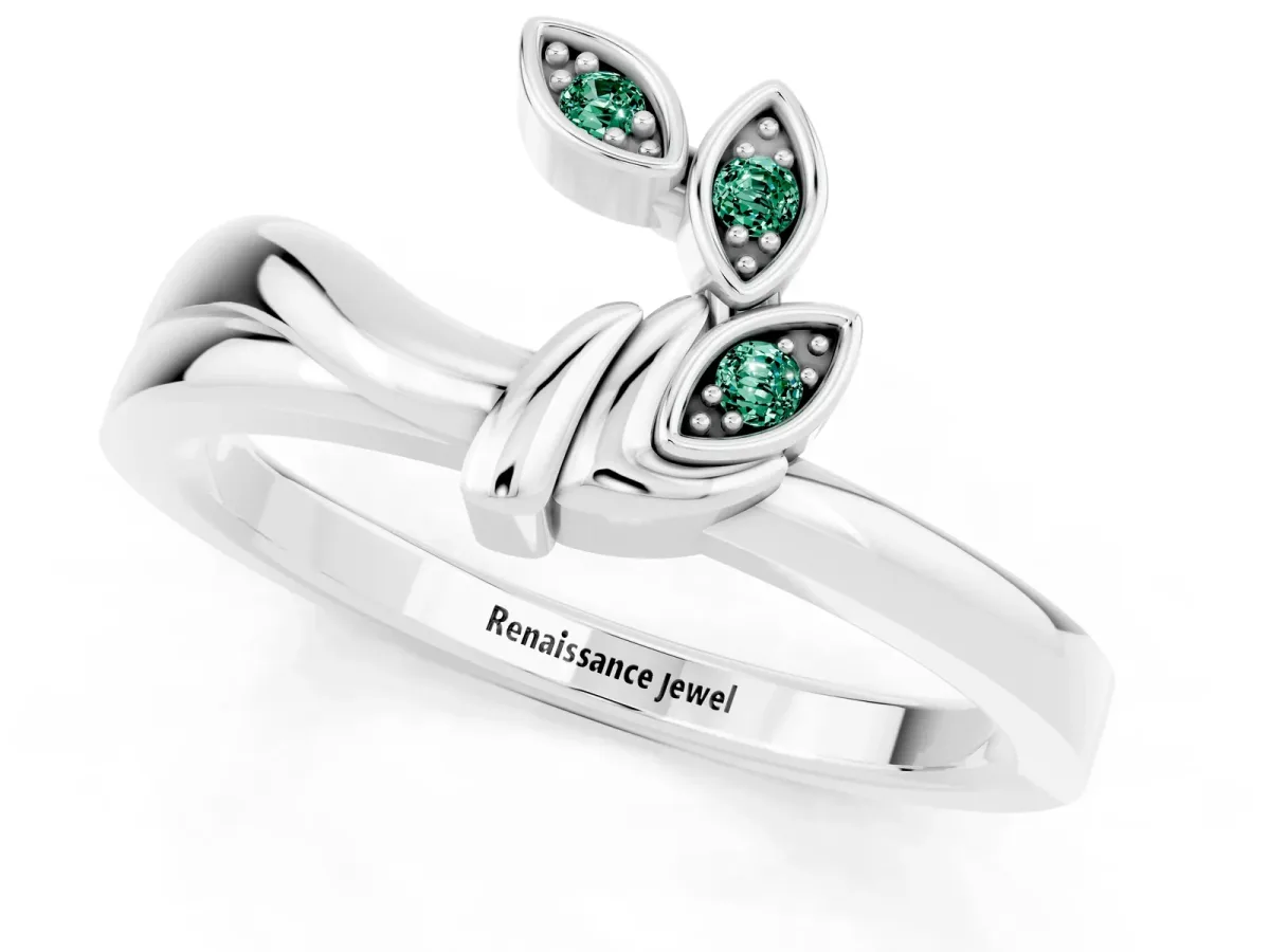 Three-Stone Round Green Sapphire Leaf Bypass Ring with Bezel Setting White gold