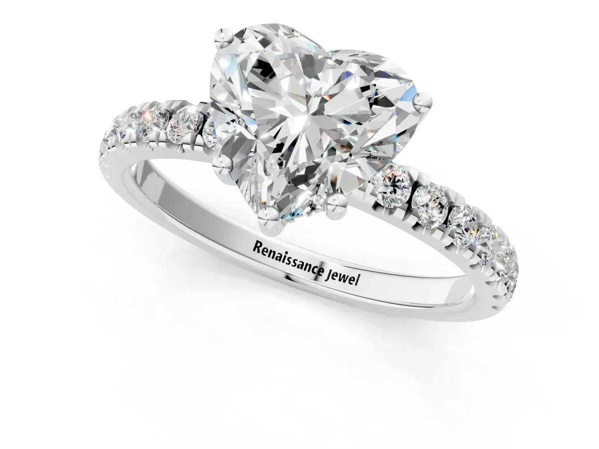Heart Cut Diamond Pave Band Solitaire Ring with Round and Prong Setting Platinum