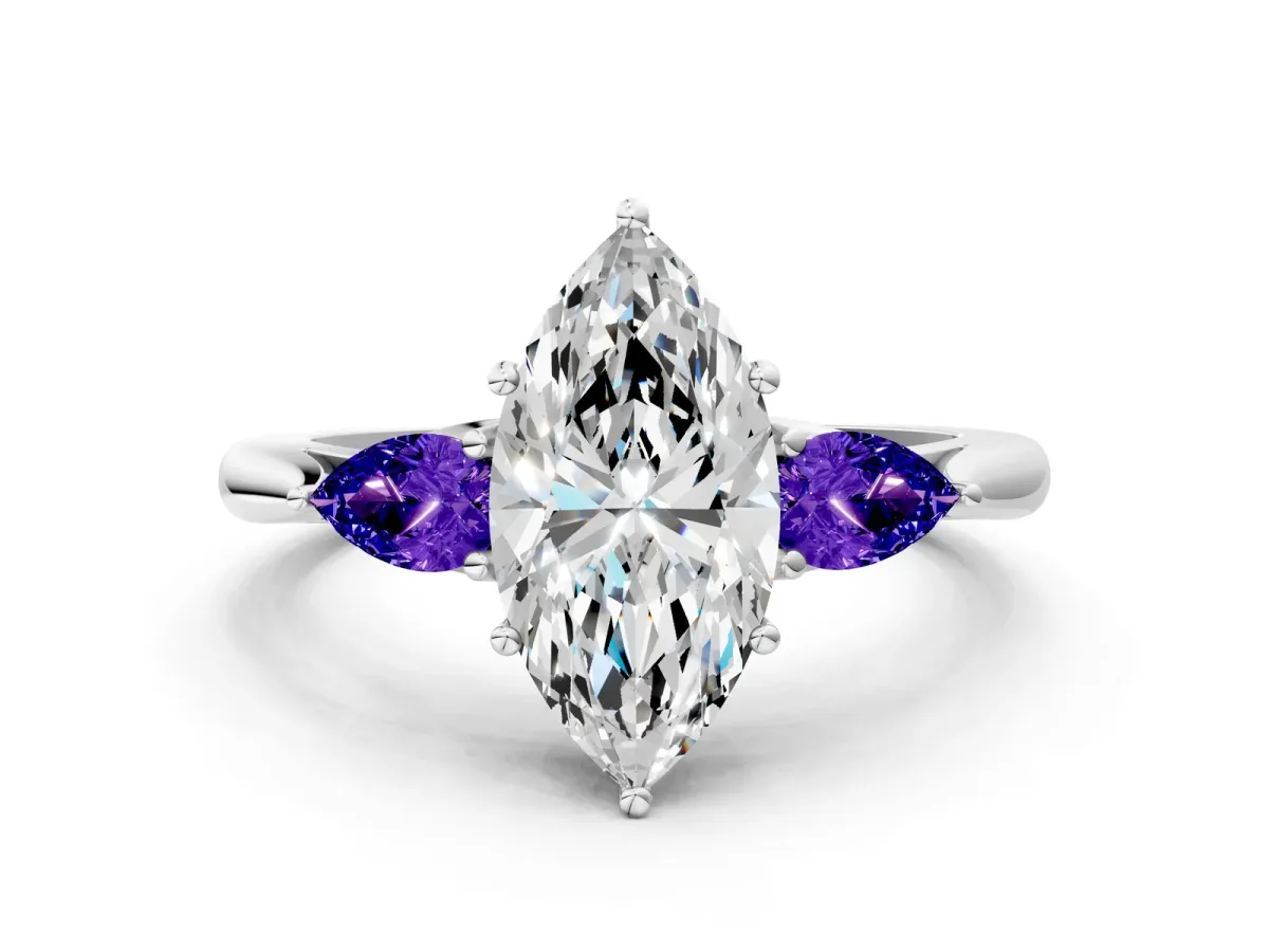 Marquise Cut Diamond Three-Stone Ring with Pear Tanzanite Side Stones and Prong Setting Silver
