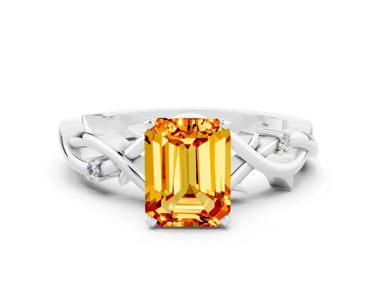 Emerald Cut Citrine Solitaire Ring with Twisted Band and Prong Setting White gold