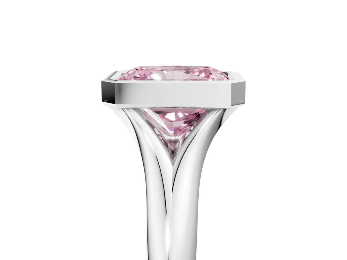 Fancy Pink Bezel Set Radiant Cut Solitaire Diamond Ring with Smooth Band Platinum