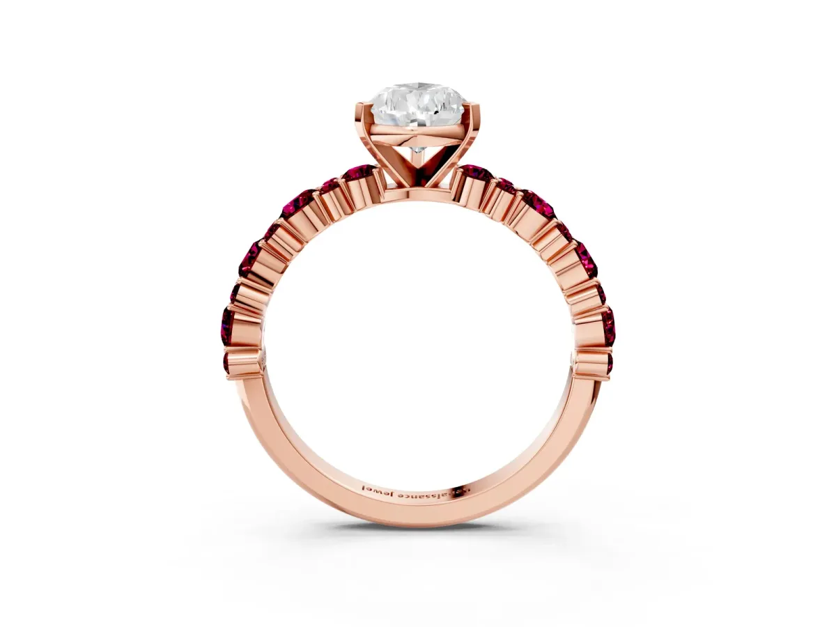 Pear Cut Diamond Side Stone Solitaire Ring with Round Garnet and Four-Prong Setting Rose gold