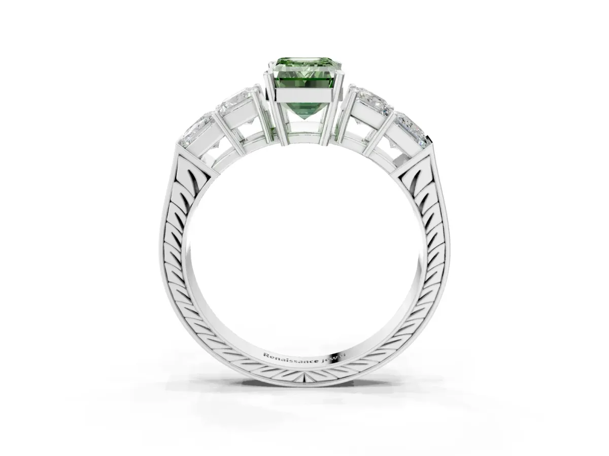 Fancy Green Emerald Cut Solitaire Princess Side Stone Engraved Band Prong Setting Ring Platinum