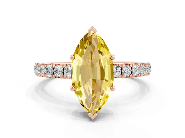 Marquise Cut Yellow Sapphire Pave Band Solitaire Ring with Round and Prong Setting Rose gold