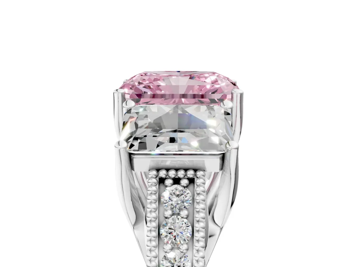 Fancy Pink Three-Stone Radiant Cut Cut Milgrain Pavé Engagement Ring Platinum