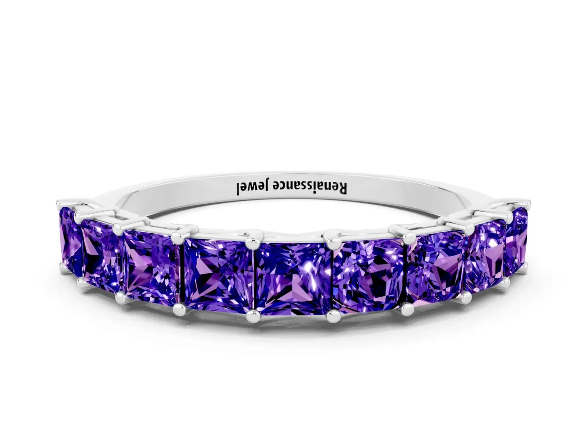 Princess Cut Tanzanite Channel-Set Eternity Band with Prong Setting Silver