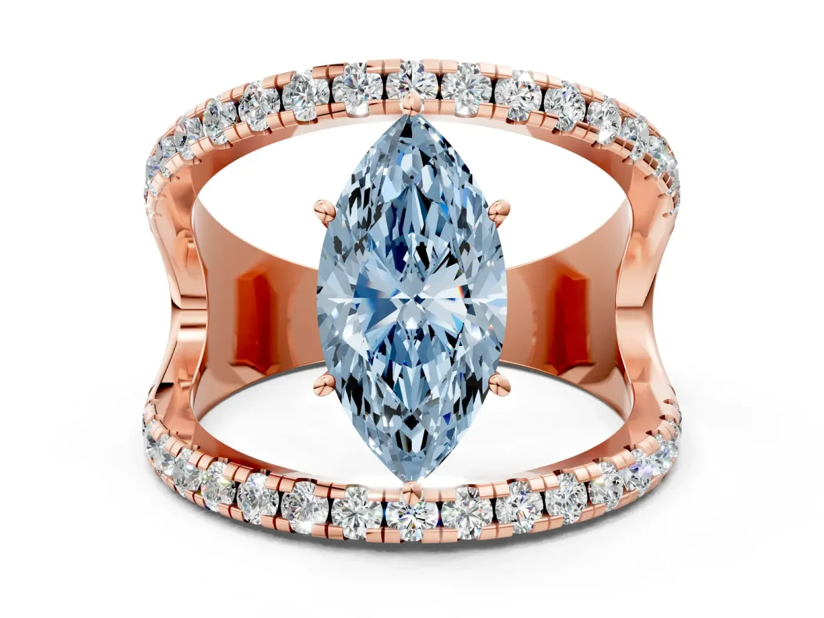 Fancy Blue Marquise Cut Solitaire Split Shank Pave Diamond Ring Rose gold