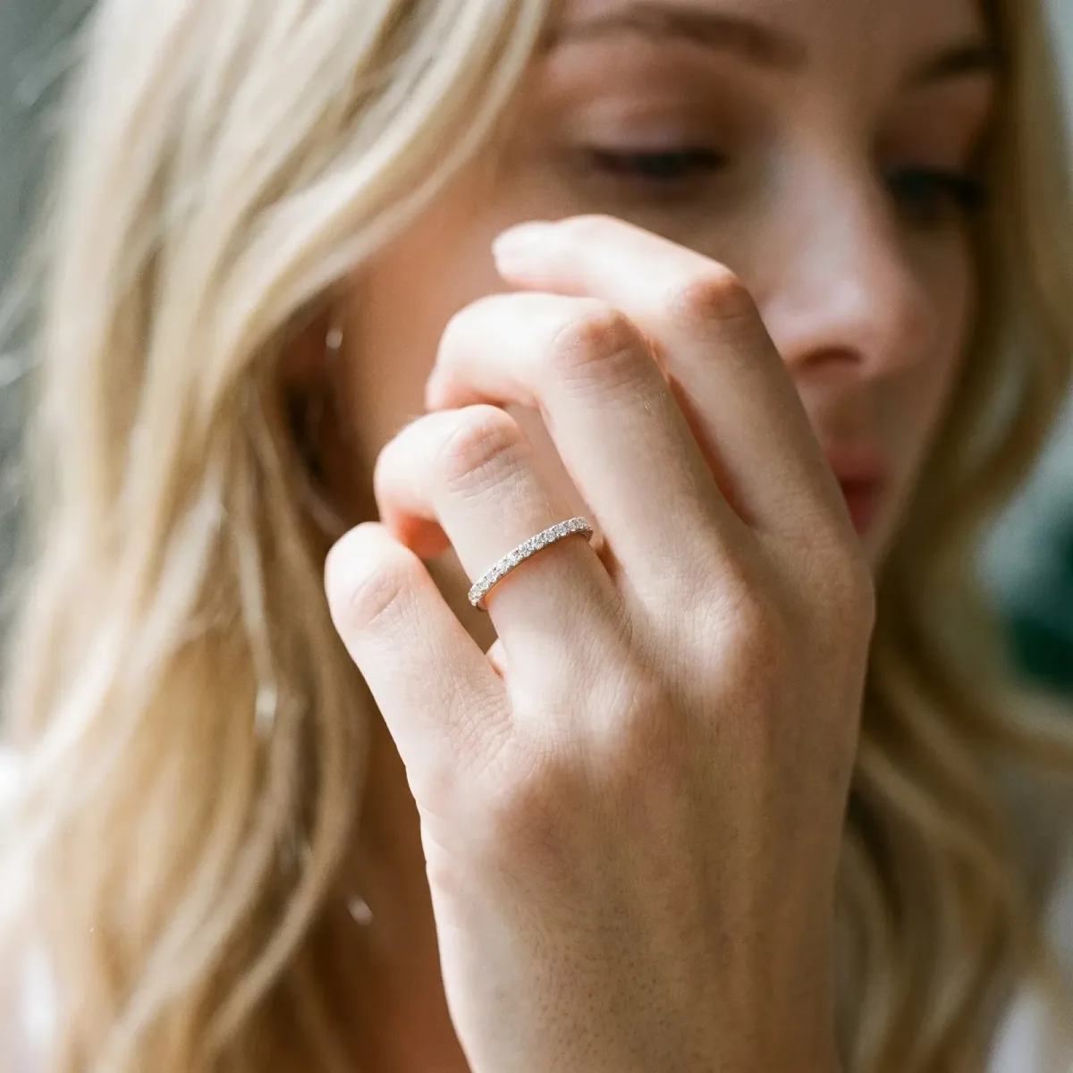 Round Diamond Pavé Set Thin Band Silver