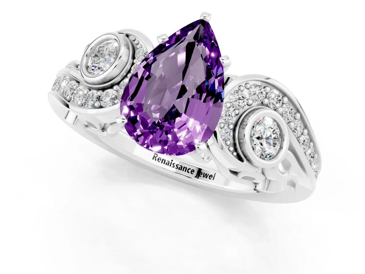 Pear Cut Amethyst Solitaire Ring with Milgrain Pavé Band and Four-Prong Setting Silver