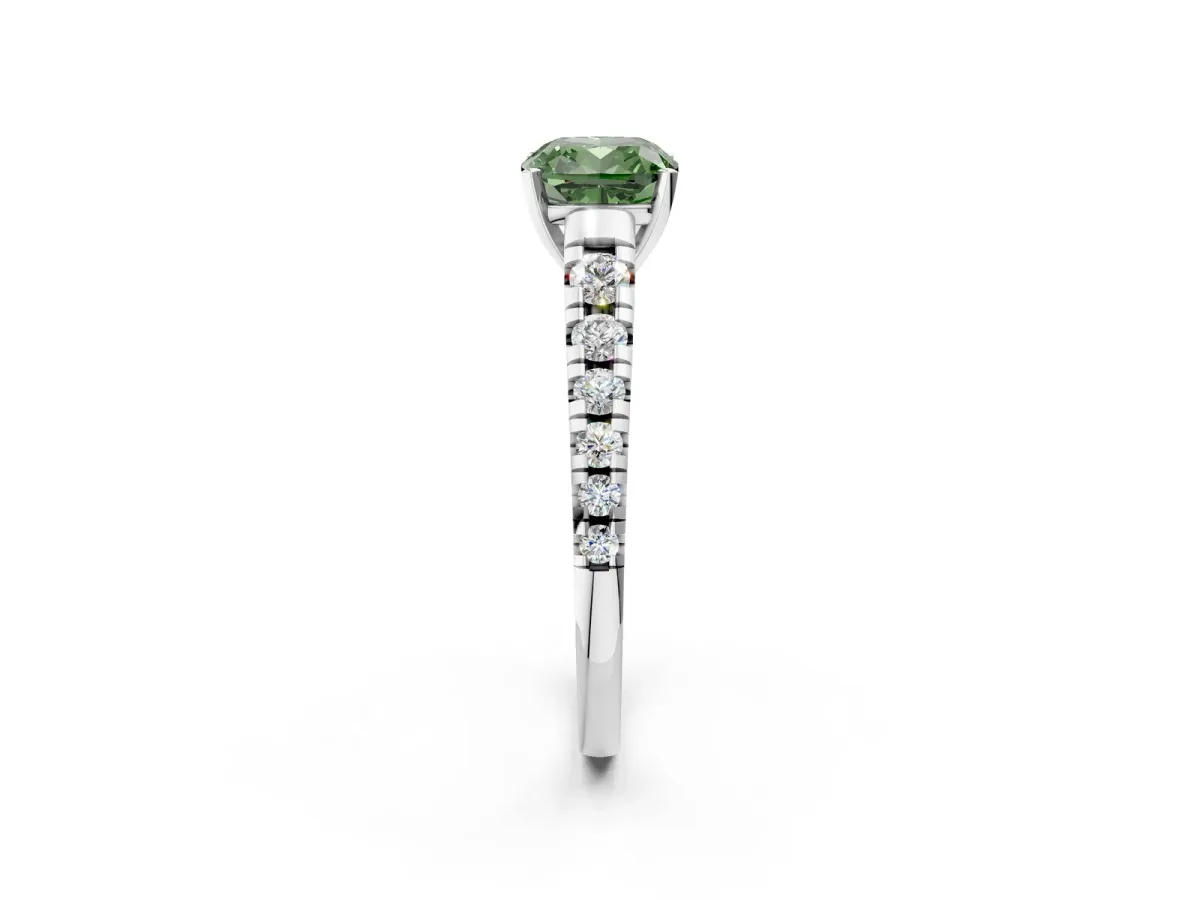 Fancy Green Cushion Cut Diamond Cathedral Solitaire Ring with Round Pavé Band Silver