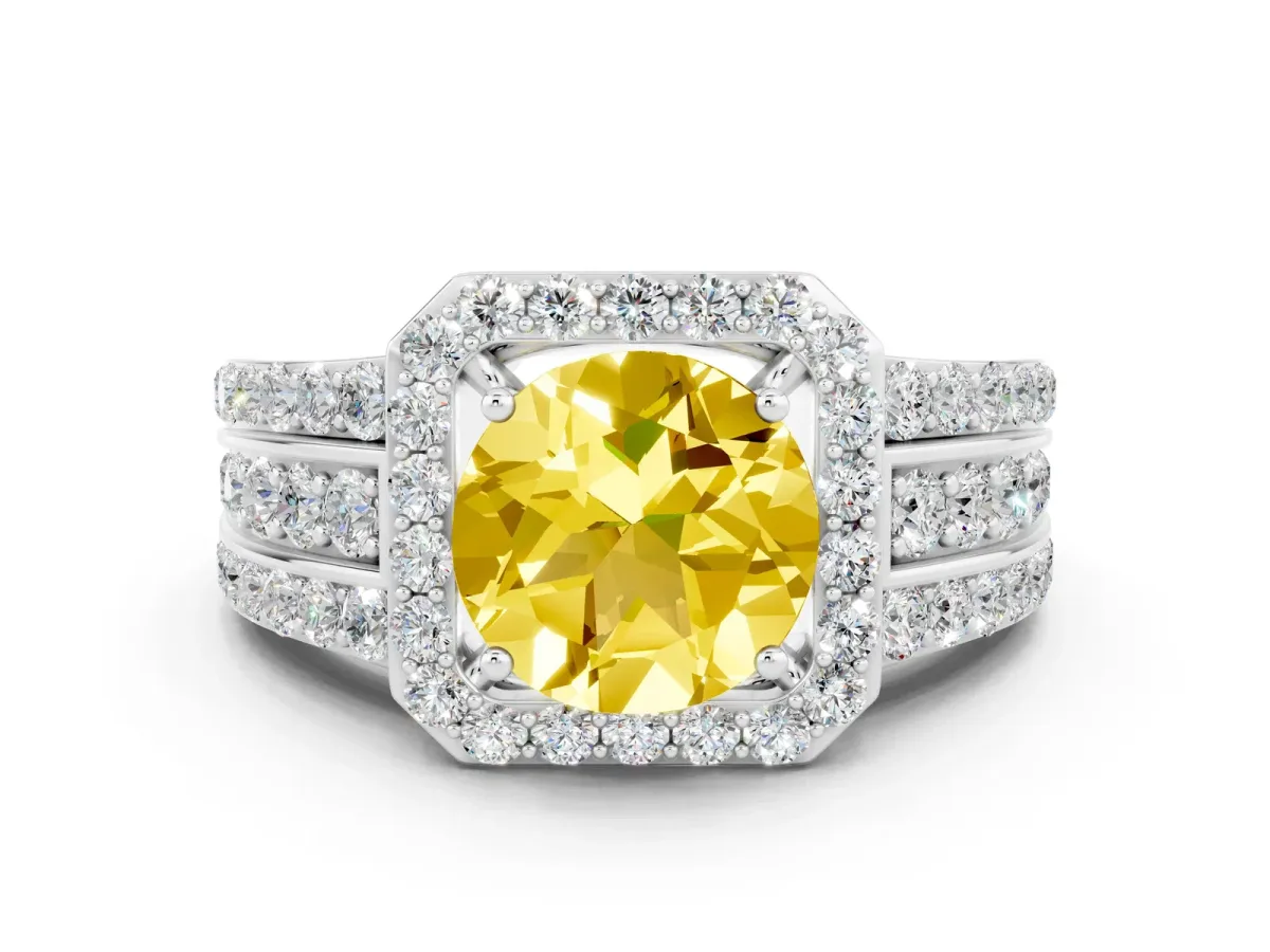 Round Cut Halo Yellow Sapphire Ring with Round Split Shank and Prong Setting Silver