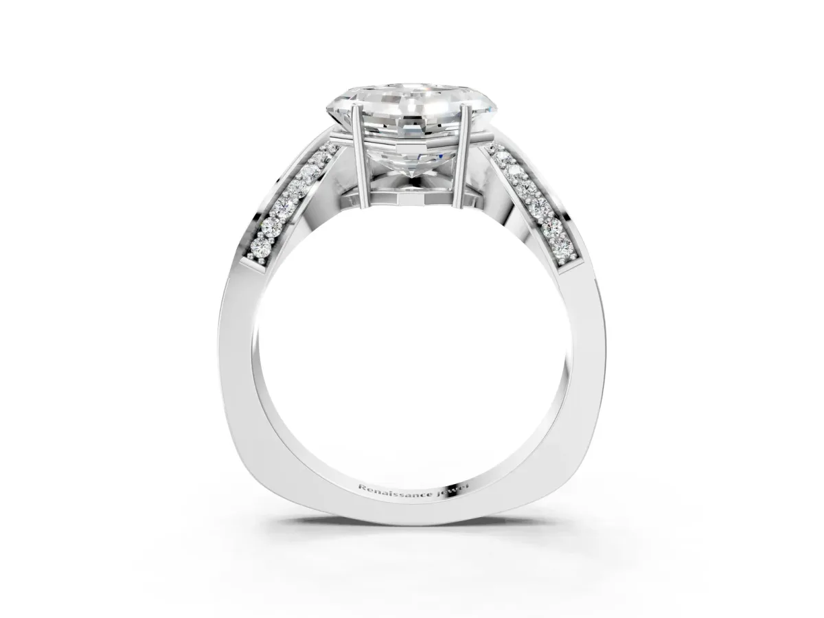Asscher Cut Solitaire Diamond Engagement Ring with Pave Band and Four-Prong Setting Silver