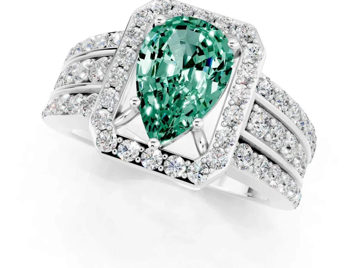 Pear Cut Halo Green Sapphire Ring with Round Split Shank and Prong Setting Silver