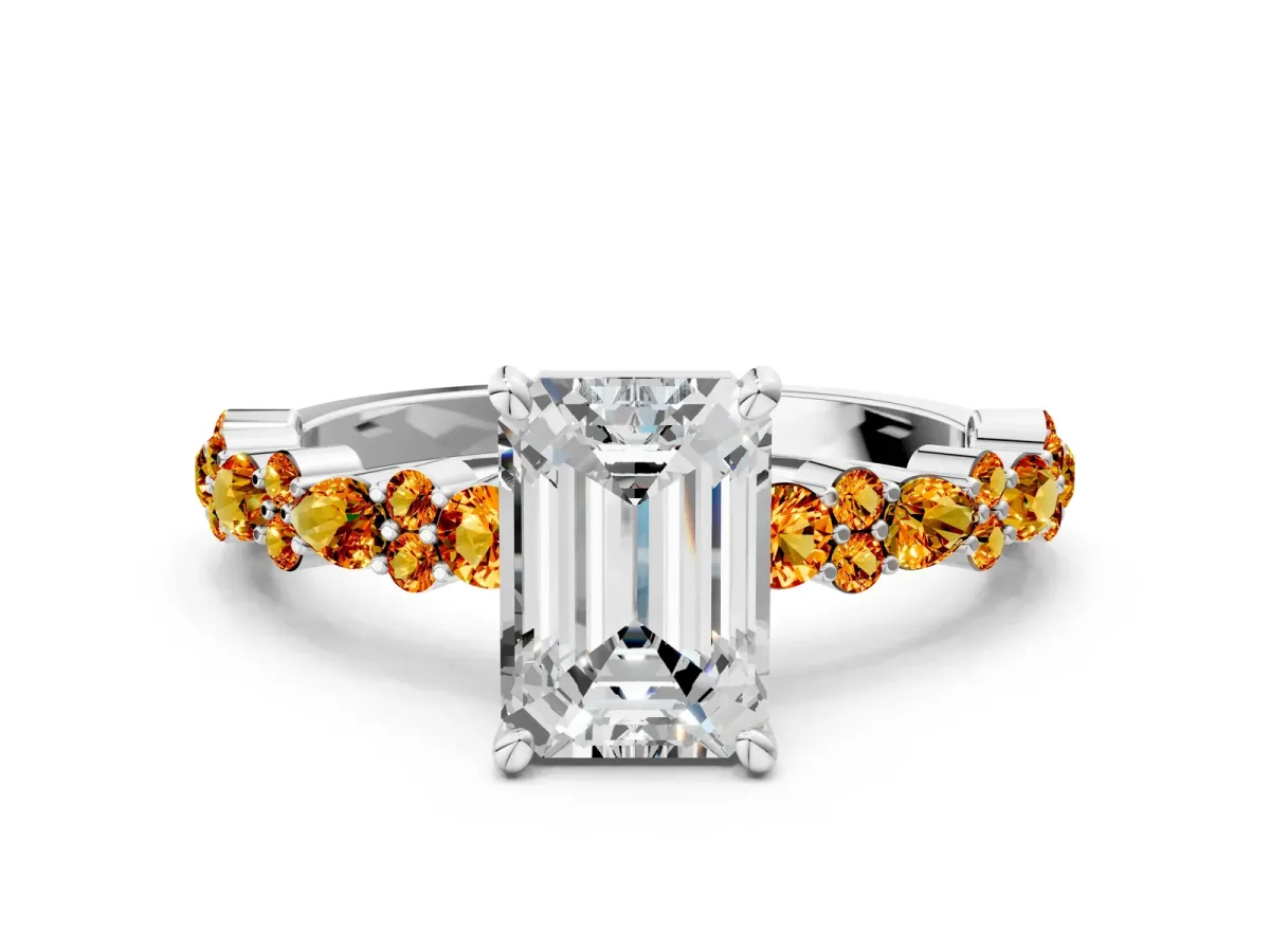 Emerald Cut Diamond Side Stone Solitaire Ring with Round Citrine and Four-Prong Setting White gold